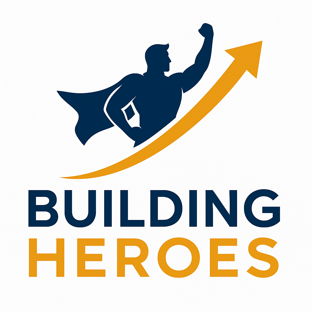 Building Heroes: a navy superhero rising along a gold arrow